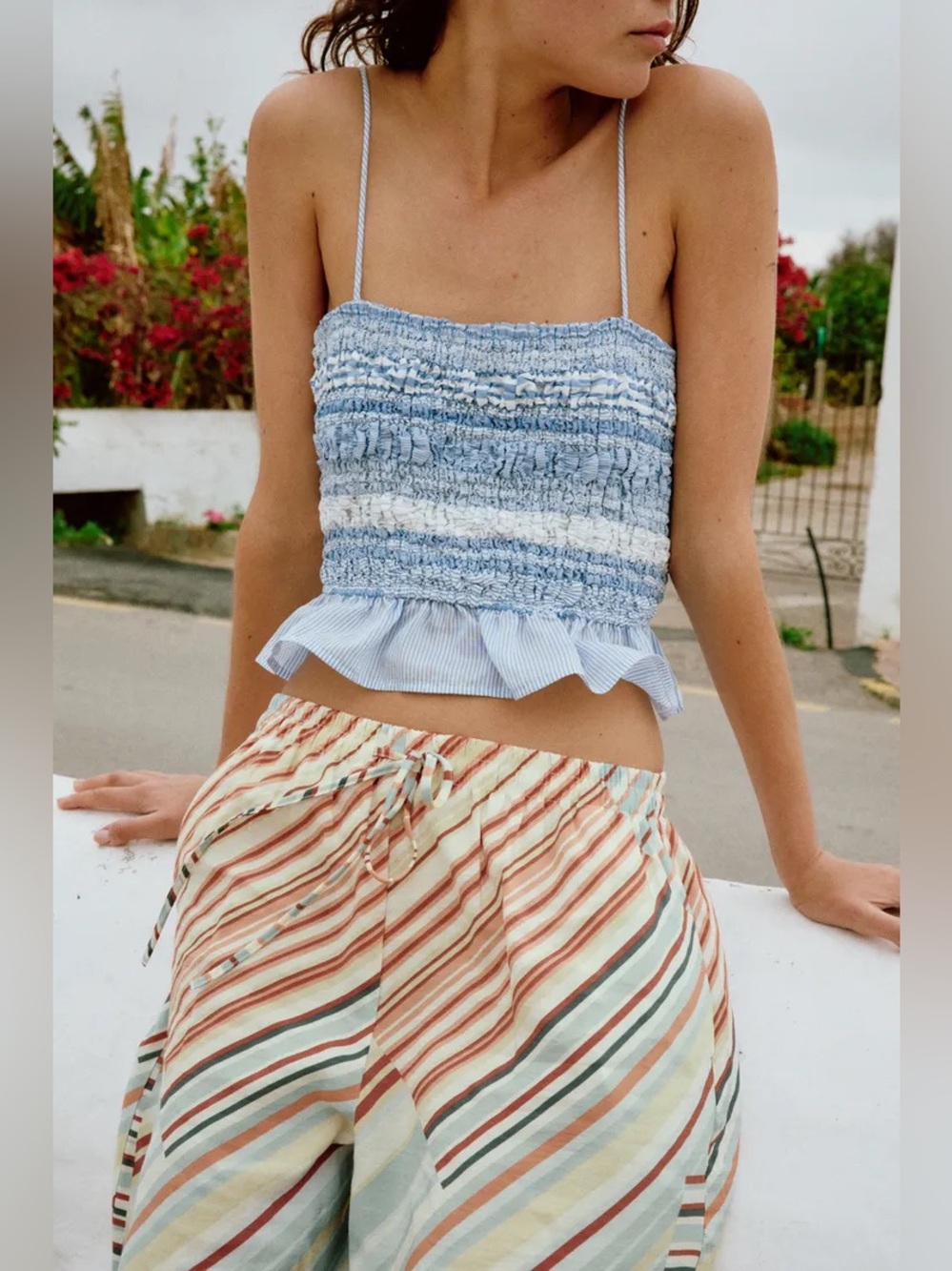 Zara Blue and White Smocked Ruffle Crop Top. POP